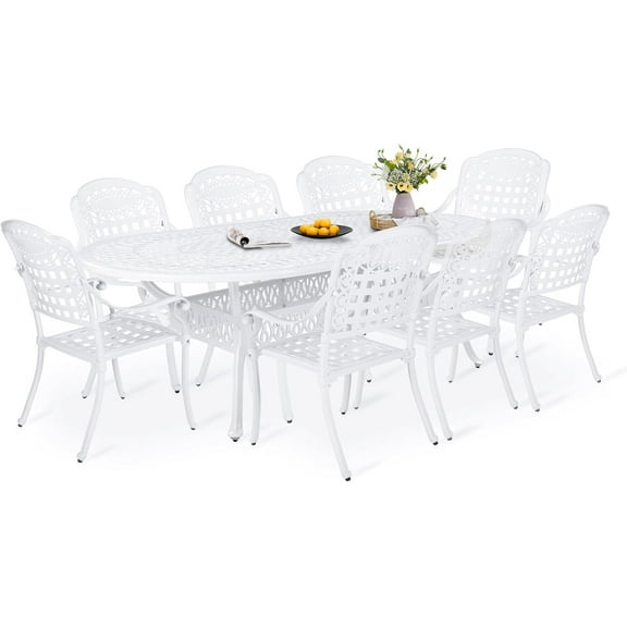 9-Piece Patio Dining Set, Outdoor Patio Table and Chair Set of 84” Oval Cast Aluminum Dining Table with Umbrella Hole and 8 Outdoor Dining Chairs, Patio Funiture Set, White