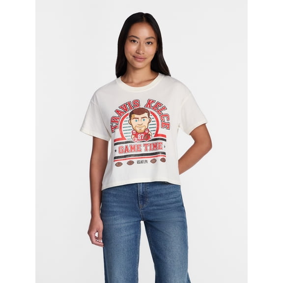 Travis Kelce Women's Boxy Cropped Graphic Tee with Short Sleeves, Sizes XXS-XXL