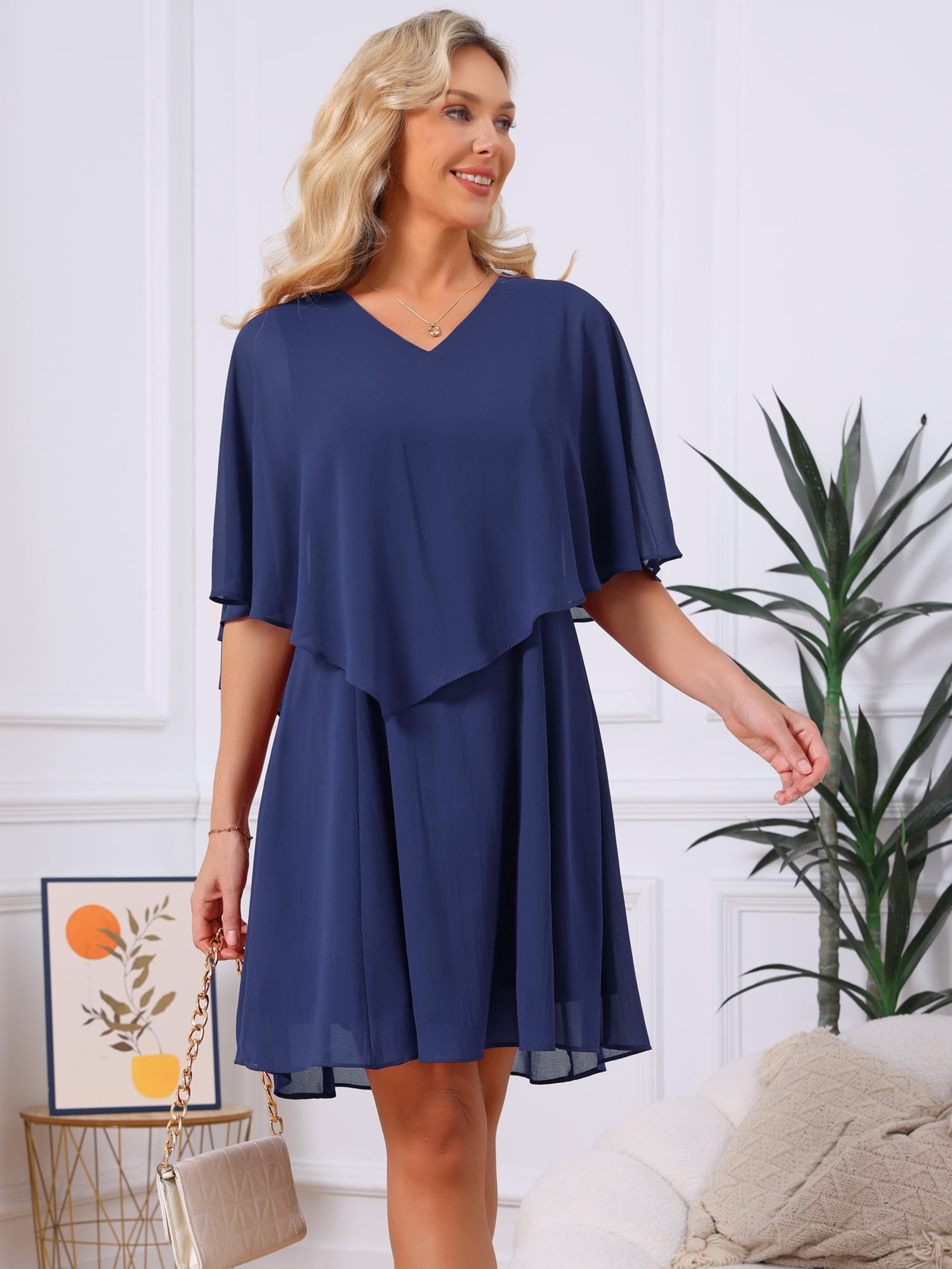 DARING DIVA Women's Chiffon Half Sleeve V Neck Wedding Guest Dress S Dark Blue