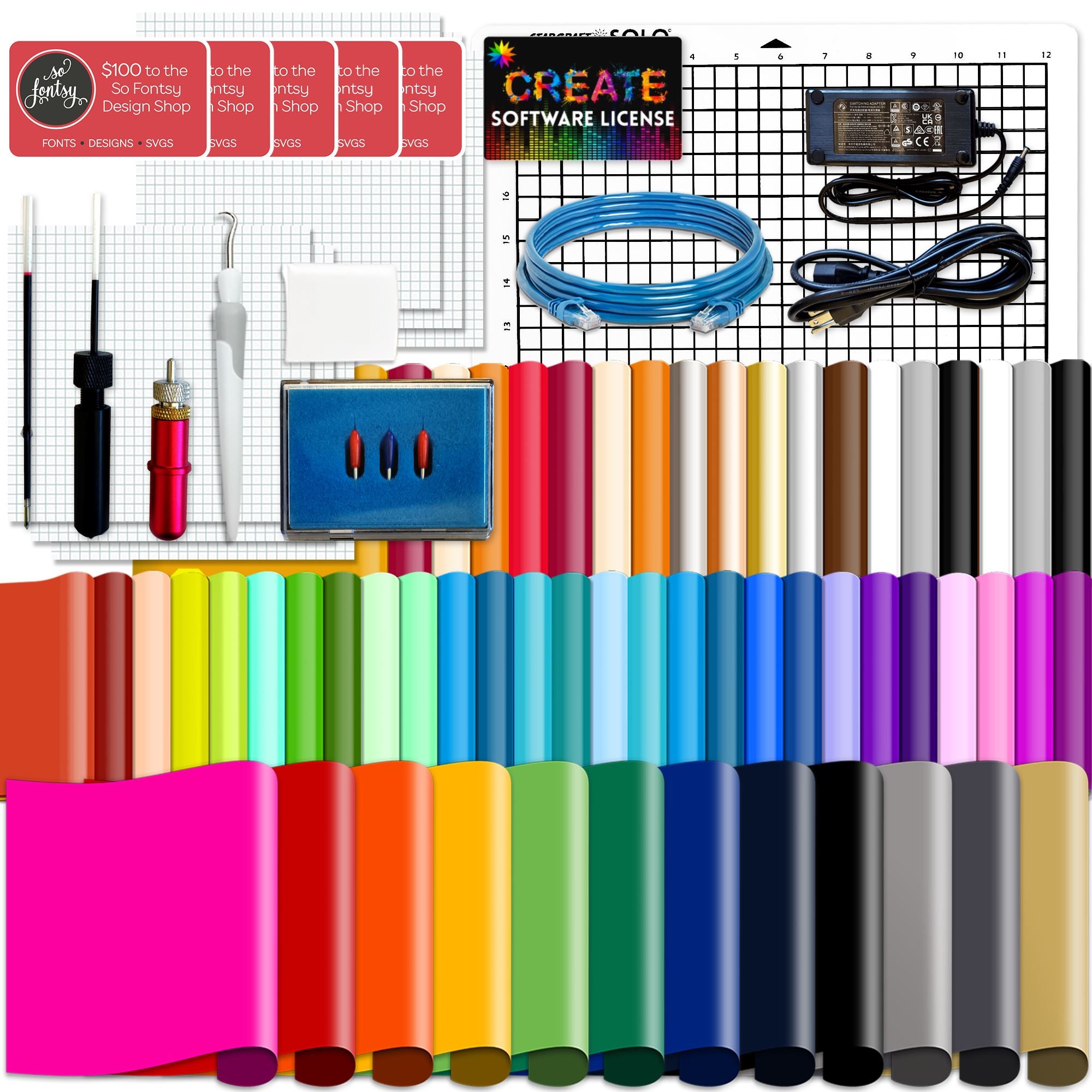 StarCraft Solo 16" Vinyl Cutter Bundle with 64 Vinyl Sheets, Tools, Designs
