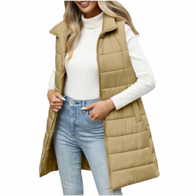 Tranfacy Veste en Molleton pour Femmes, Manteaux d'Hiver pour Femmes, Veste Sans Manches Décontractée d'Hiver Unie Longue Matelassée à Col Rabattu avec Poches