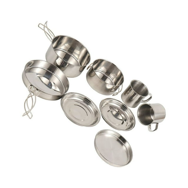 Maytalsory 8 Piece/Set Camping Traveling Pot Pan Cup Assortment Picnicking Stainless Steel Cookware Kit Dinnerware Tableware