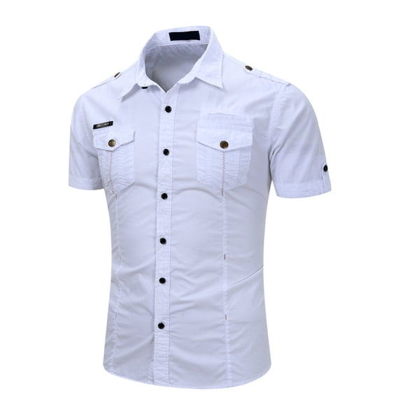 LINGLANG Men's Large Size Cargo Shirt Outdoor Military Style Short Sleeve Casual Workwear Utility Top