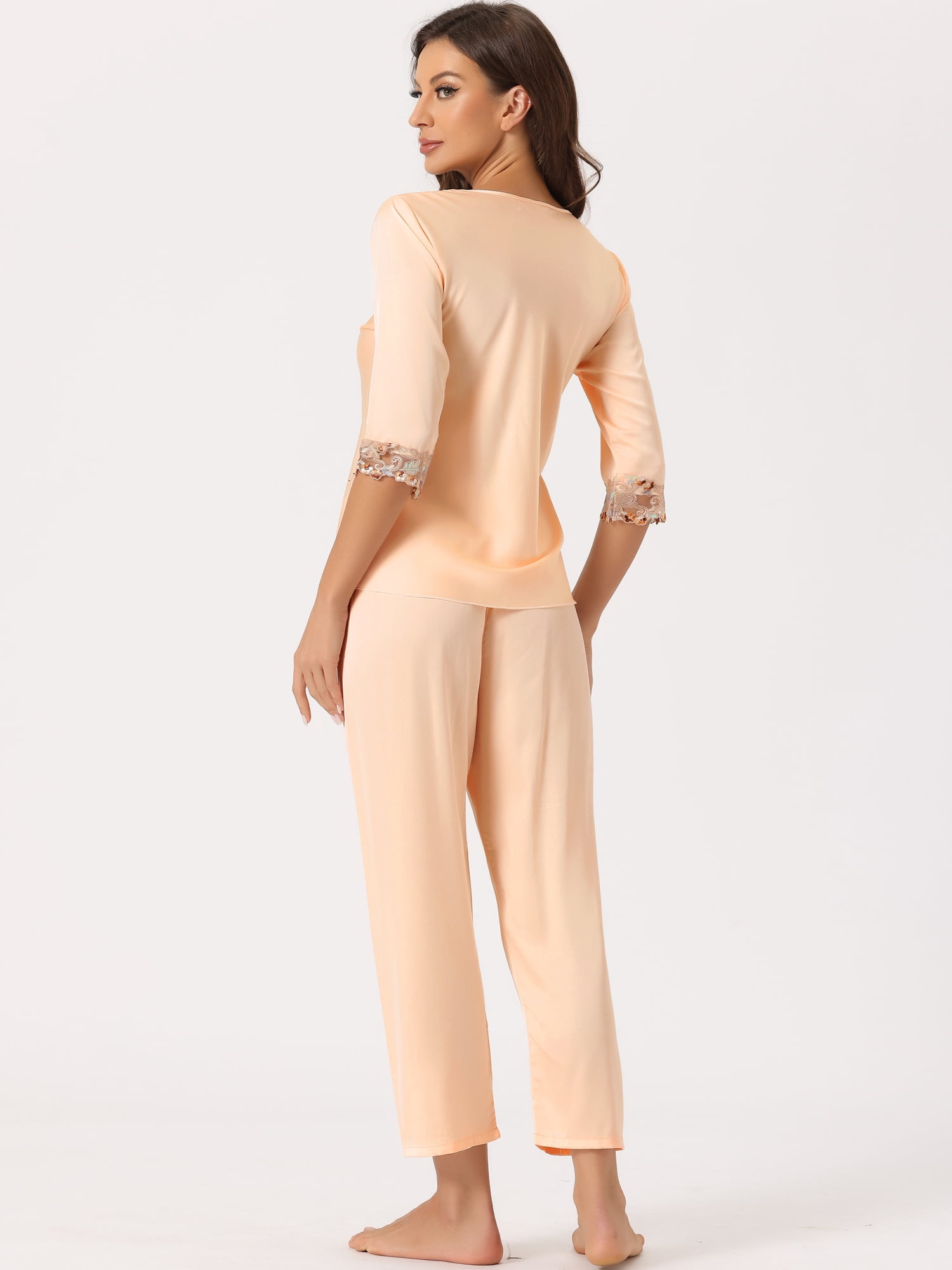 DARING DIVA Women's Satin Pajama Set Half Sleeve Lace Trim with Long Pants L Champagne