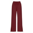 thumbnail image 2 of AKOEE Straight Leg Pants for Women with Pockets Drawstring Elastic Waist Linen Sweatpant Split Hem Casual Trouser (S, Wine), 2 of 5