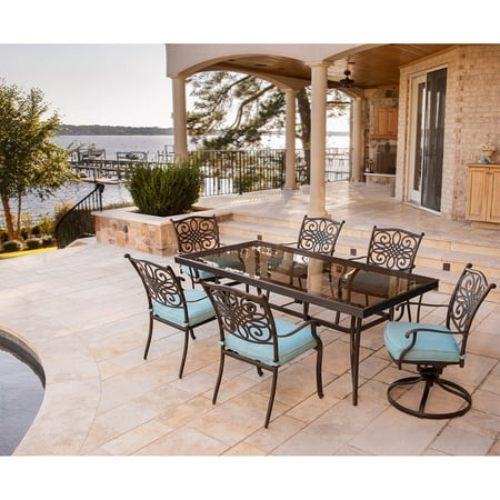 Hanover Traditions 7-Piece Dining Set in Blue with Extra Large Glass-Top Dining Table