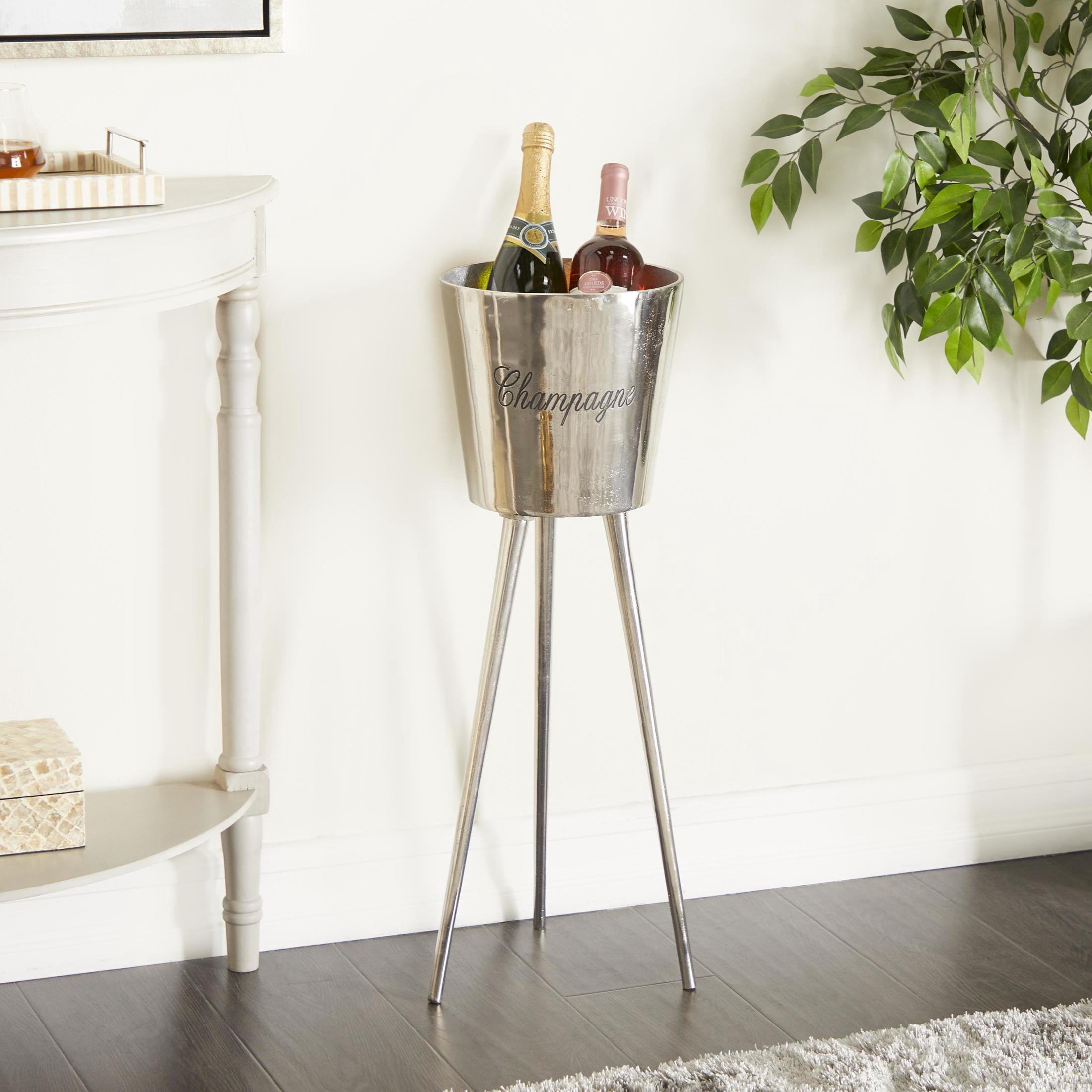 DecMode Round Aluminum Metal Tall Floor Champagne 3 Bottle Gray Ice Bucket
