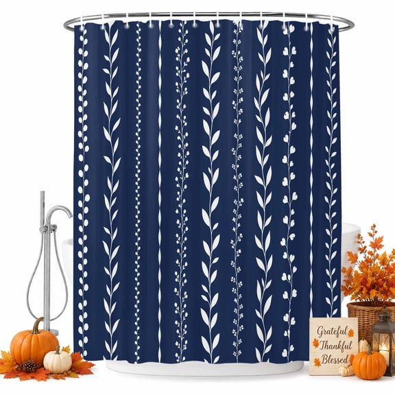 Modern Simple Lines Shower Curtain Set - Extra Long 72" x 96" Washable Bathtub Curtain with 12 Hooks, Rustic Leaf Vertical Stripes Navy Blue Waterproof Fabric Stall Shower Curtains for Bathroom