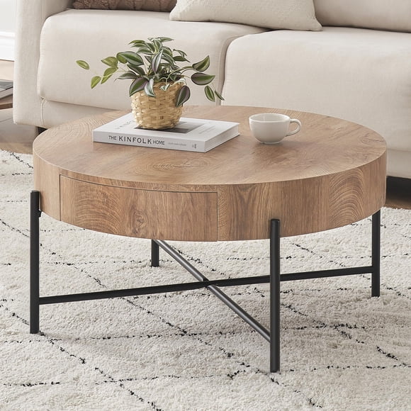 QinaQin Round Coffee Table with Two Drawers, Round Center Table with Storage Space, Farmhouse Style Coffee Table, Living Room Wood-Grain Cocktail Table, Metal Frame, Natural Color