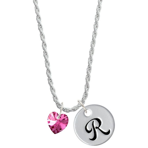 Delight Jewelry Hot Pink Crystal Heart Silvertone Script Initial Disc - R - Charm Necklace, 20" 3"
