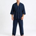 thumbnail image 4 of YUANxueke Mens Cotton Kimono Pajama Sets 3/4 Sleeve Tie Front Shirt & Pants 2-Piece Sleepwear Outfits, 4 of 4