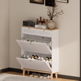 thumbnail image 3 of Space-Saving Shoe Cabinet with Flip-Up Doors & Drawers, Narrow Entryway Organizer, Freestanding Storage for Homeowners & Renters (Natural Wood Legs, White Finish), 3 of 12
