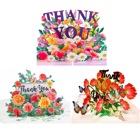 3-Pack Floral 3D Pop Up Thank You Cards for Women Mom Dad Men, Greeting Cards for Nurses Teachers - Flower Bouquets