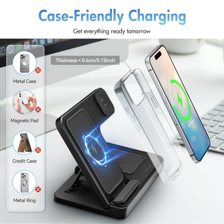 Wireless Charger, 15W QC 3.0 Magnetic Fast Charging Stand for iPhone 15 14 13 12 11 Pro Max/Plus/XS/XR/X/8, for Apple Watch 9/8/7/6/5/4/3/2/SE, for AirPods 3/2/Pro, 3 in 1 Wireless Charging Station