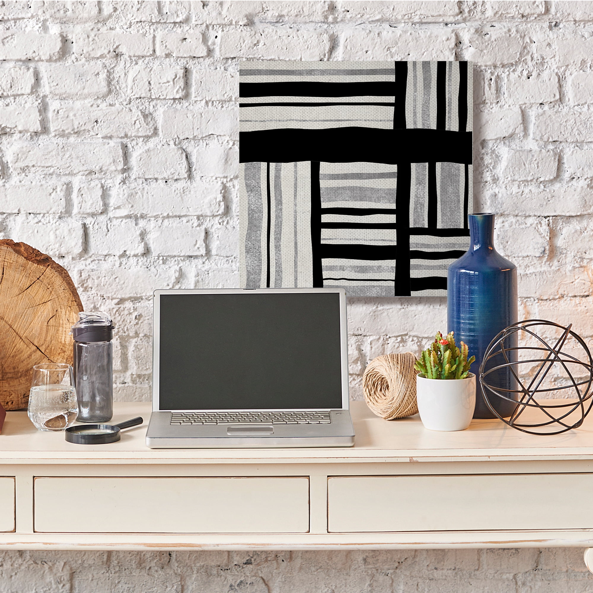 Stupell Industries Abstract Perpendicular Lines Black Grey Beige,36 x 36,Designed by Ellie Roberts