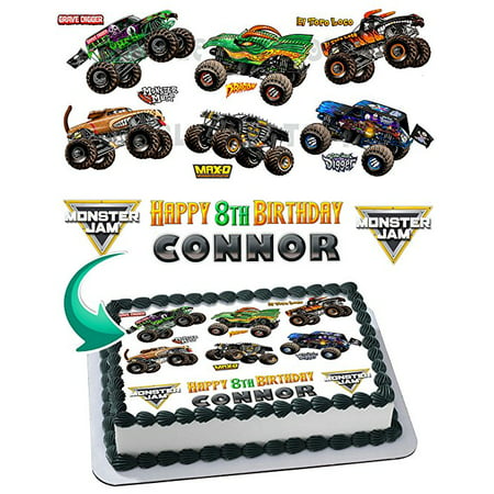 Monster Truck, Monster Jam, Grave Digger Cake Edible Image Cake Topper Personalized Birthday 1/4 Sheet Decoration Party Birthday Sugar Frosting Transfer Fondant Image Edible Image for cake