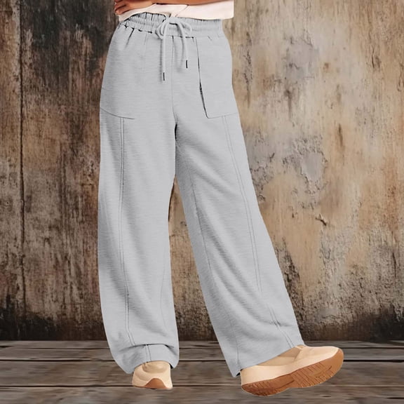 Wonens Pants Sweatpants Women's Casual Drawstring Solid Color Elastic Waist Sports Multi-Pocket Work Sweatpants Gray M