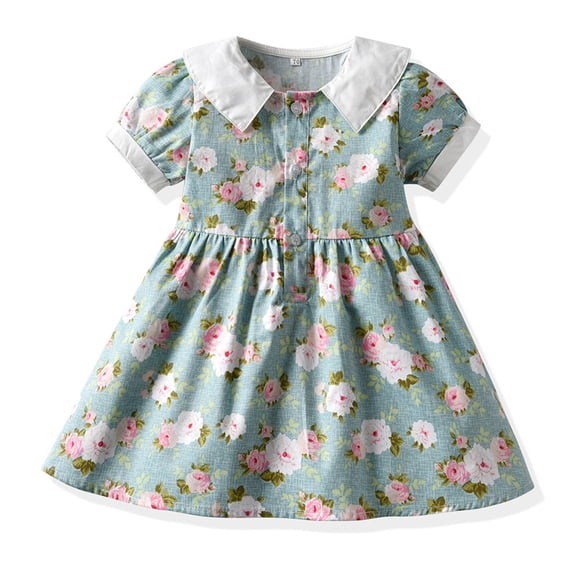 JIAYUE Girls Summer Dresses Floral Short Sleeve Drop Shoulder Collared Mid Length Peter Pan Collar Shirt Dress For Child Seasonal Adjustable Clothing