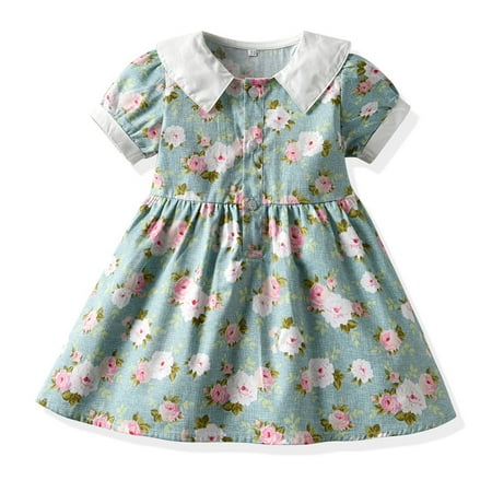 

kpoplk Baby Girls Dresses Kids Toddler Baby Girls Spring Summer Floral Cotton Short Sleeve Cute Dresses For Teen Girls(Mint Green)