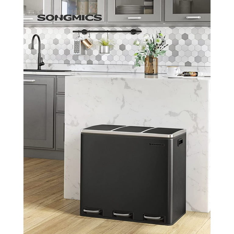 SONGMICS 13 Gallon Trash Can, Stainless Steel Kitchen Garbage Can,  Recycling or Waste Bin, Soft Close, Step-On Pedal, Removable Inner Bucket,  Black ULTB050B01
