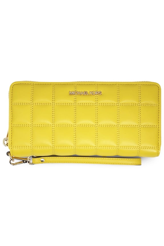 Women's Large Quilted Vegan Leather Zip Around Continental Wallet (Daisy Yellow)