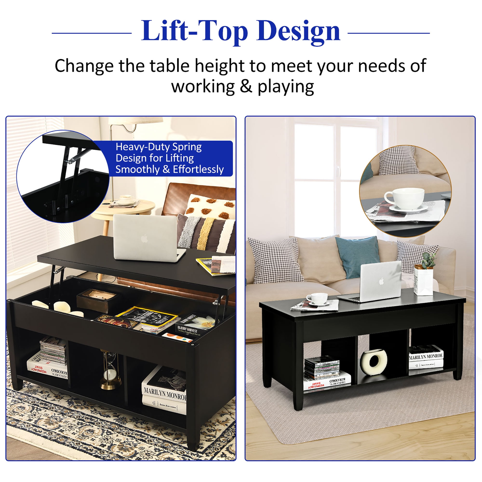 Costway Lift Top Coffee Table with Hidden Compartment, Black
