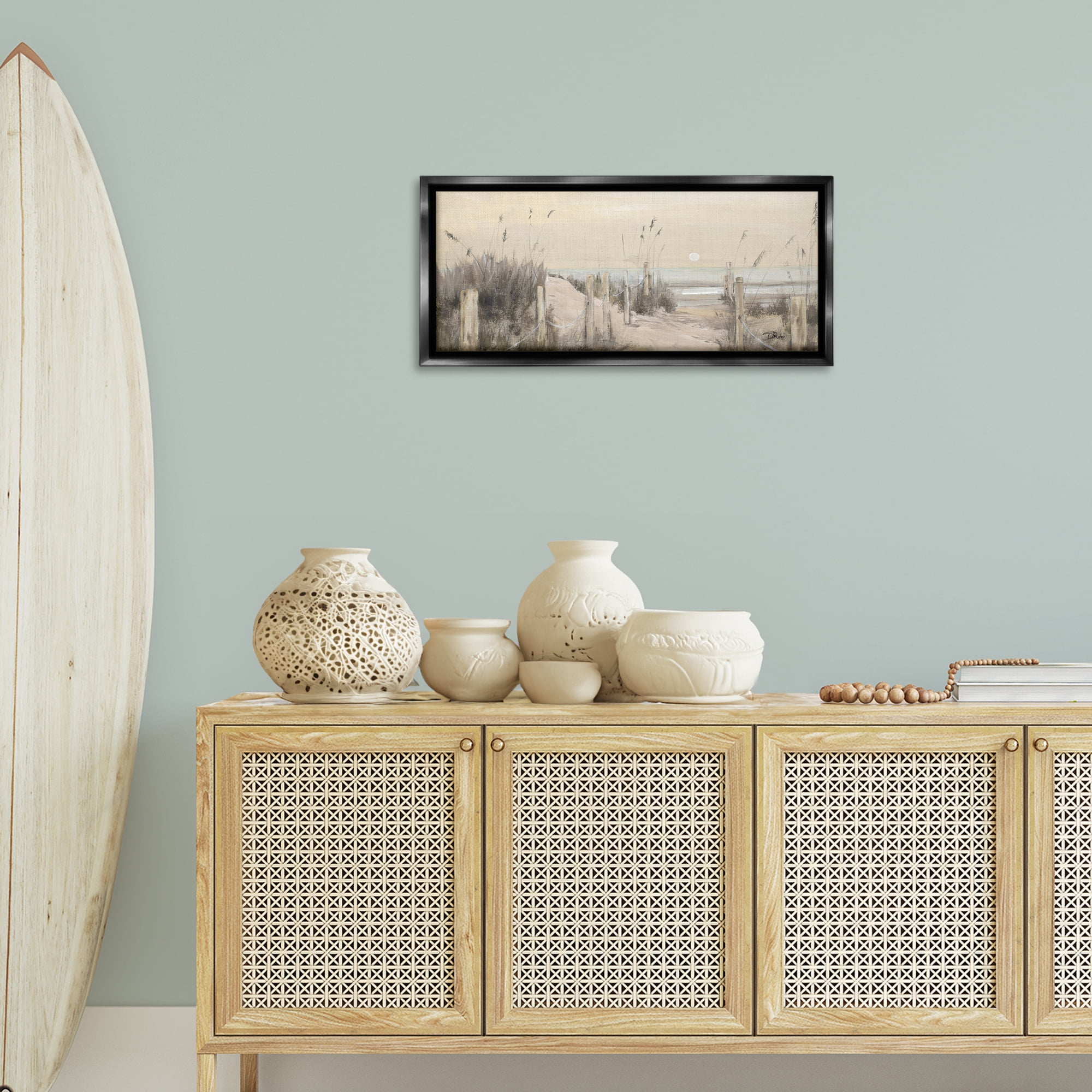Stupell Industries White Moon Over Ocean Landscape Painting Black Floater Framed Canvas Art Print Wall Art, 31 x 14