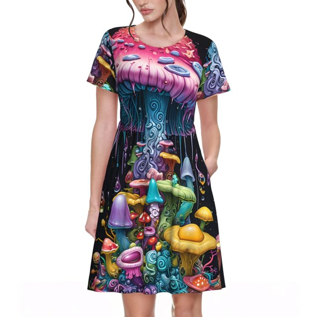 Disketp Colorful Mushroom para Vestido de Manga Corta para Mujeres, Vestidos de Verano para Mujeres, Casual y Holgado para la Playa