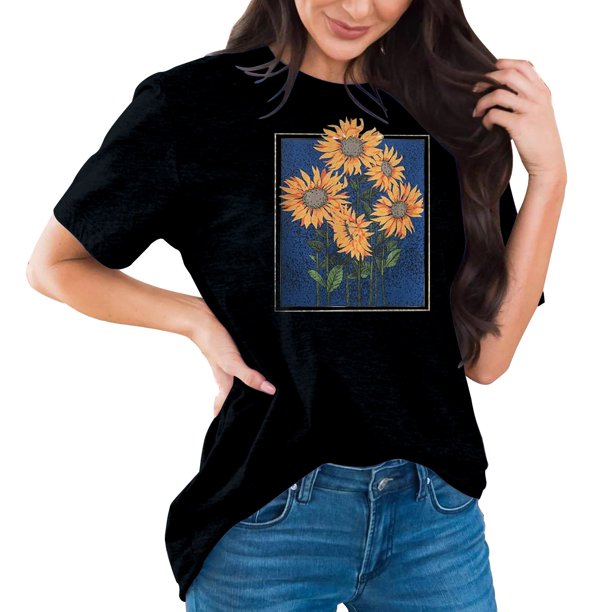 Ploknplq Plus Size Graphic Tees for Women,Shirts for Women,T Shirts for Women,Dandelion Graphic T Shirts Teen Cute Sunflower Print Tops,Graphic T-shirts,Beach Vacation Clothes for Women Black 2XL