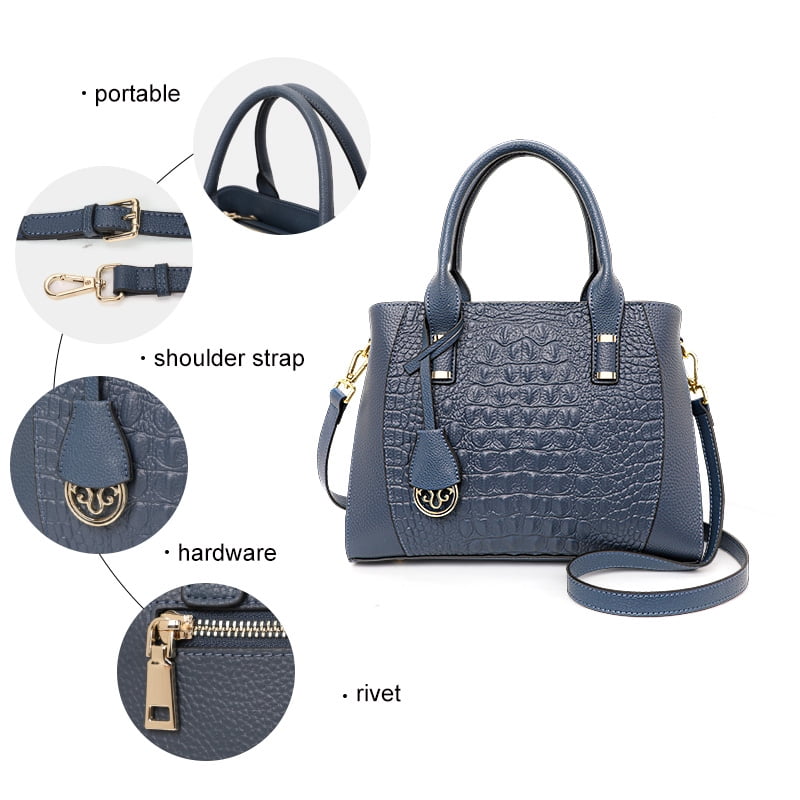 Genuine leather crocodile-patterned handbag detachable shoulder strap cross-body shoulder bag large capacity women's purse (blue)