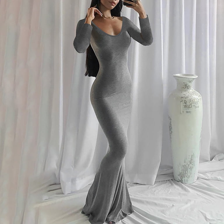 Women's Solid Color V-Neck Long Sleeve Backless Skinny Fit Maxi Dress -  Sexy Casual Style for Party, Work & Vacation - Walmart.com