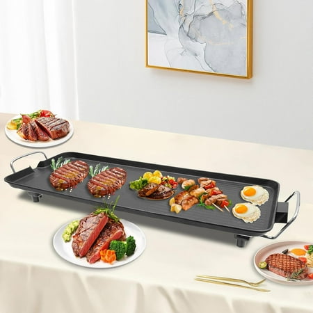 1500W Electric Barbecue Grill Large Electric Hibachi Griddle Indoor Outdoor Portable Teppanyaki Grill Panel Tabletop BBQ Grill Plate w/Five Gears Temperature for Yard Travel Picnic Camping