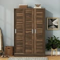 thumbnail image 2 of 3-Door Shutter Wardrobe with Shelves & Hanging Rail, Freestanding Wardrobe Closet with Slid Door, Clothes Storage Cabinet Organizer for Bedroom Living Room Cloakroom, Walnut, 2 of 8