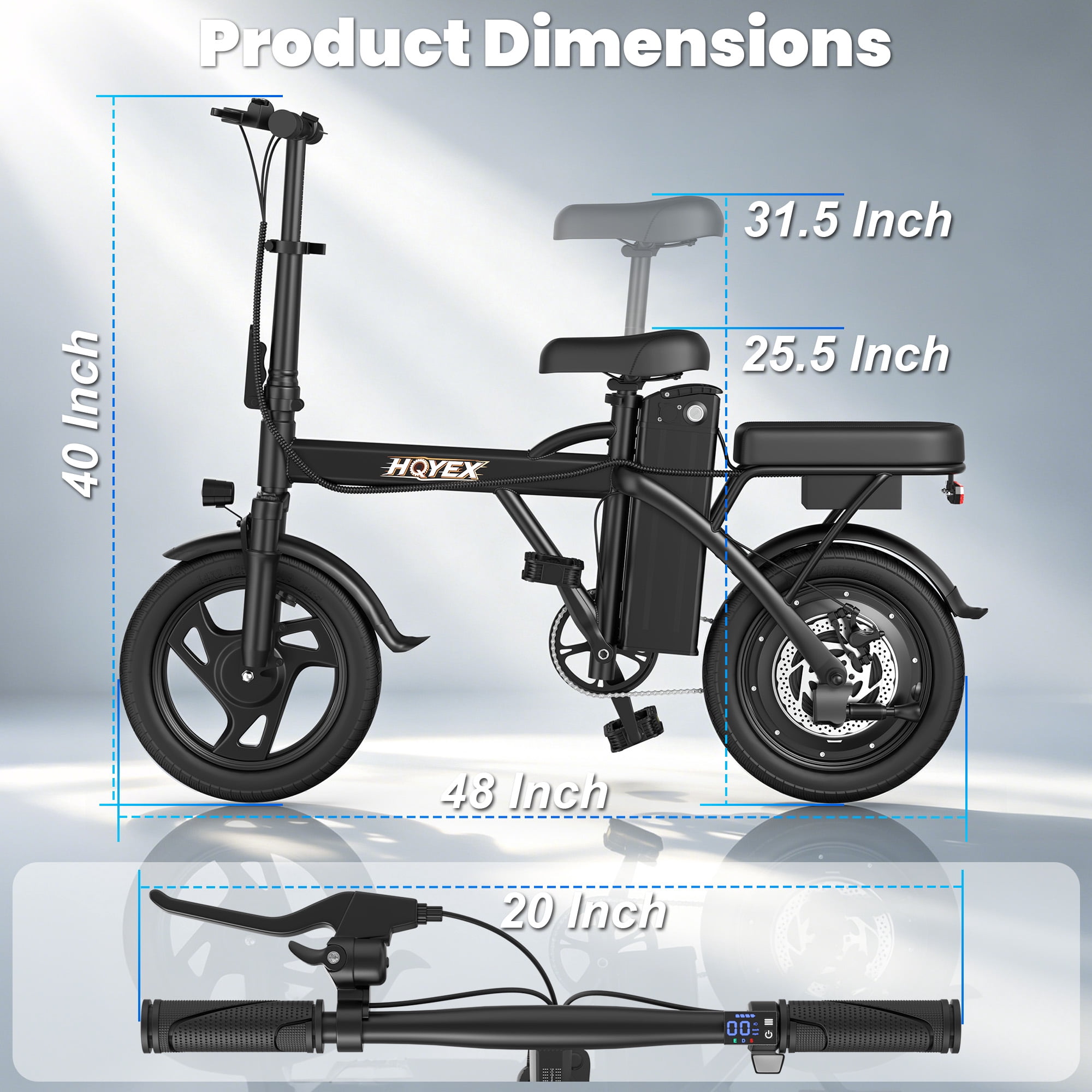 HQYEX HQ14PRO 500W Adult Electric Bicycle, 14 Inch Fat Tire Ebike with 48V 9Ah Rechargeable Battery, Max Speed 22MPH, Dual Brakes & Full Suspension, Adjustable Seat, Perfect for Commuting E Bike