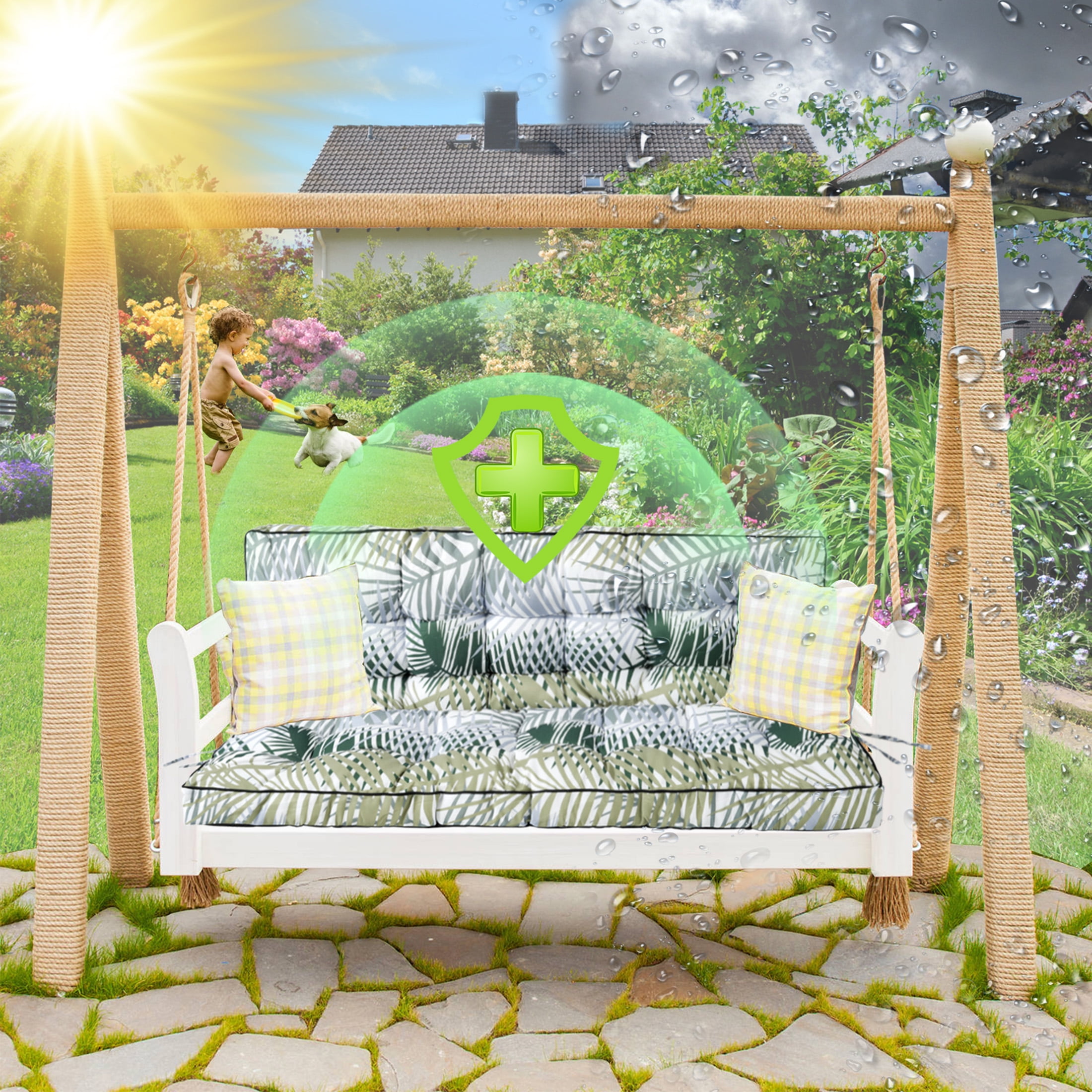 Porch Swing Cushion Thicken 4", 63" Swing Cushions 2-3 Seater Replacement, Waterproof Bench Cushions with Backrest, Anti-Fading Patio Swing Chair Pads for Outdoor Garden Furniture
