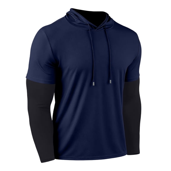 HOOMEUMY Casual Shirts for Men Long Sleeve Hooded Fake Two-piece Fitness Sports T-shirt Base Lightweight Spring Comfy Long Sleeve Crew Neck Solid Color Shirt (Navy,M)