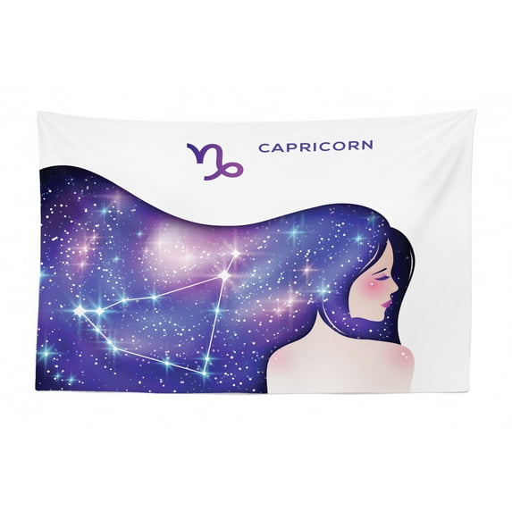 Celestial Tapestry, Cancer Zodiac with Long Wavy Galaxy Haired Girl and Constellation, Fabric Wall Hanging Decor for Bedroom Living Room Dorm, 2 Sizes, Violet and Multicolor, by Ambesonne