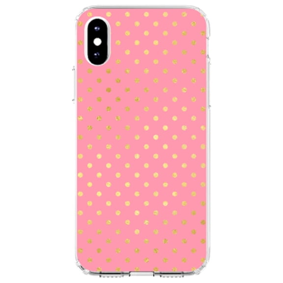 DistinctInk Clear Shockproof Hybrid Case for iPhone X / XS (5.8" Screen) - TPU Bumper, Acrylic Back, Tempered Glass Screen Protector - Pink & Gold Polka Dot Pattern