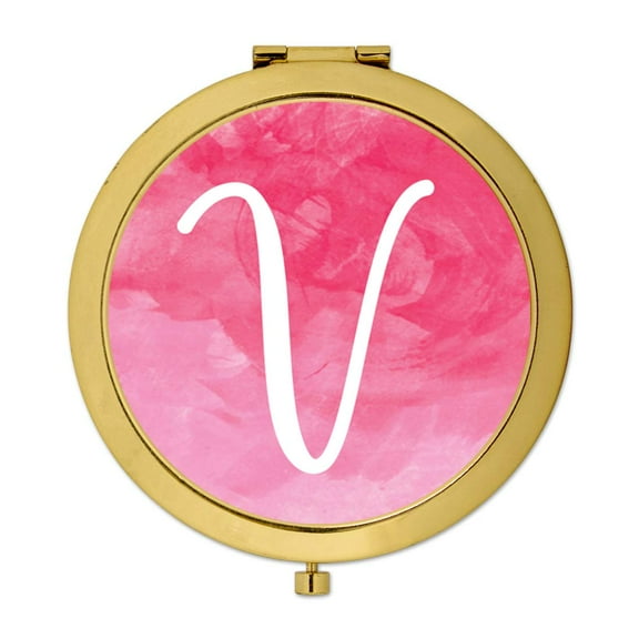 Koyal Wholesale Gold Compact Mirror Bridesmaid's Wedding Gift, Blush Pink Watercolor, Monogram Letter V, 1-Pack