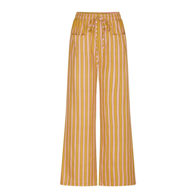 Qulqfy Women's Striped Pants Wide Leg Palazzo Baggy Yellow Lounge