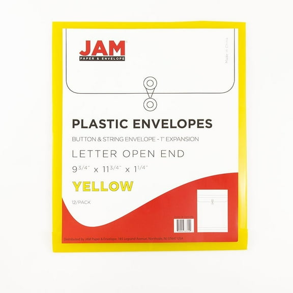 JAM Paper Plastic Envelope with Button & String Tie Closure, Open End,9 3/4 x 11 3/4, Yellow, 12/Pack