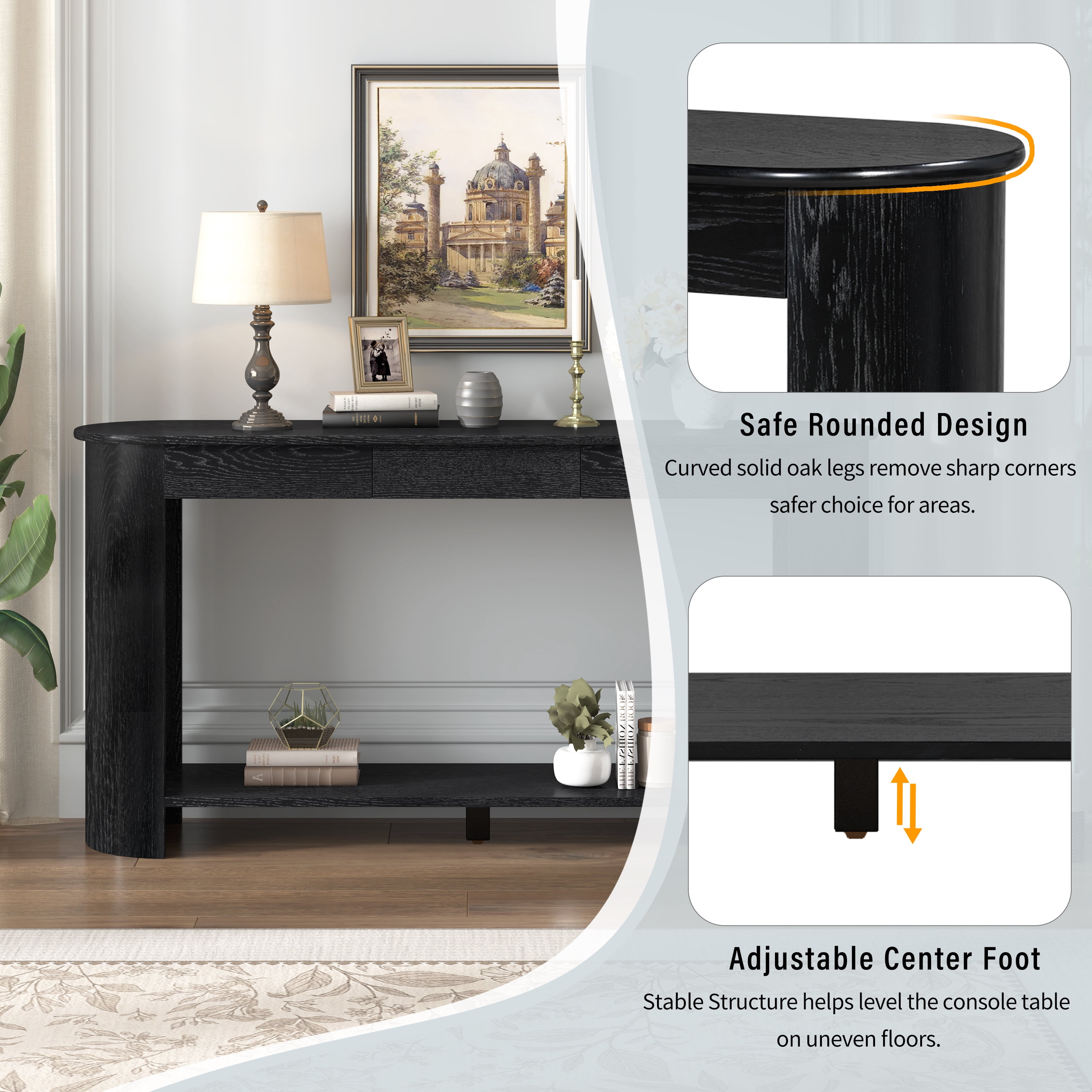 Mintazer 60" Modern Console Table, Entryway Table with 3 Drawers & Open Shelf, Long Sofa Table with Semi-Circular Design for Entryway Living Room, Black