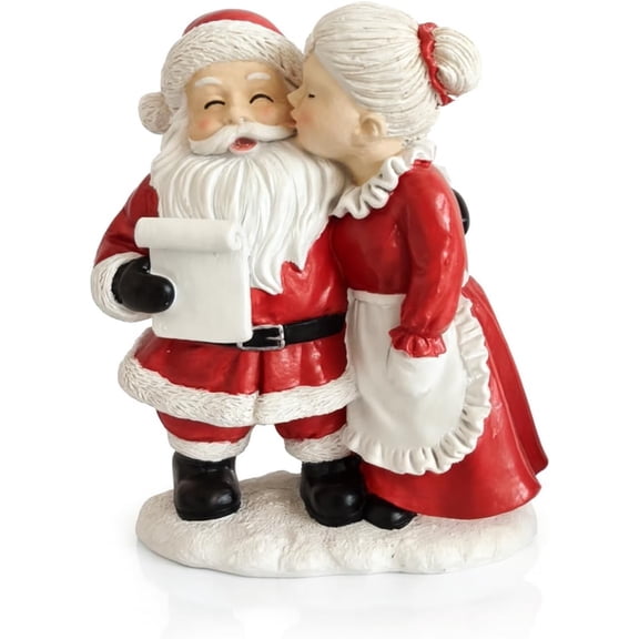 Lovely Mr. & Mrs. Santa Claus Christmas Figurines – Hand-Painted Couple Kissing Pose, Vintage Red & White Holiday Mantel Tabletop Christmas Decorations (2PCS)