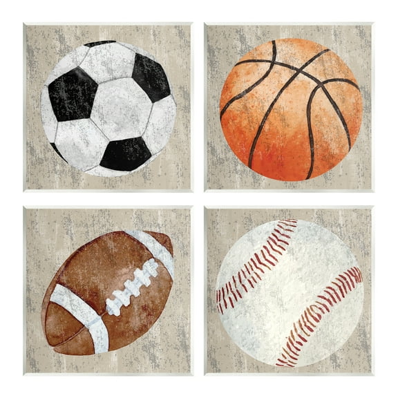 Stupell Industries Various Rustic Sports Balls Art for Kids Painting Unframed Art Print Wall Art, 12 x 12, Set of 4