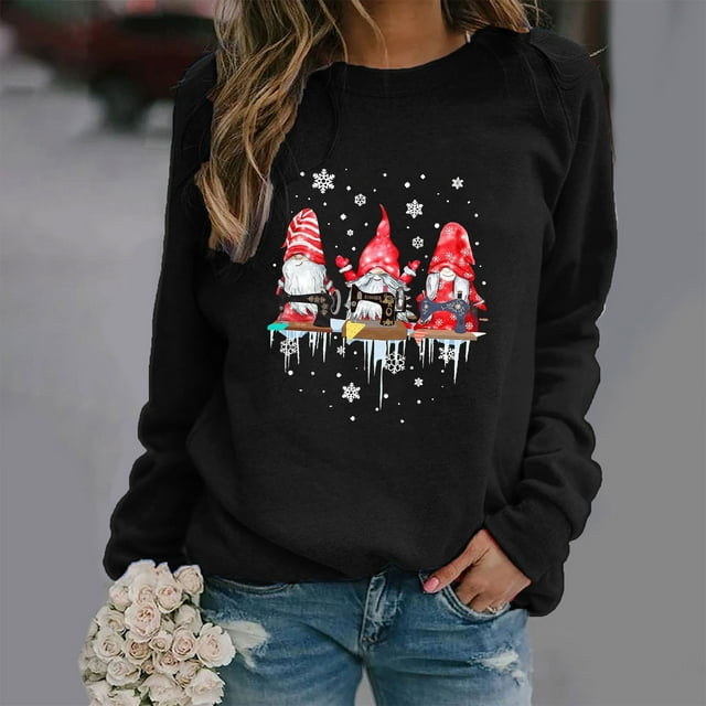 EGNMCR Chandail en Molleton de Noël Mode Femme Ample Imprimé de Noël Col Rond