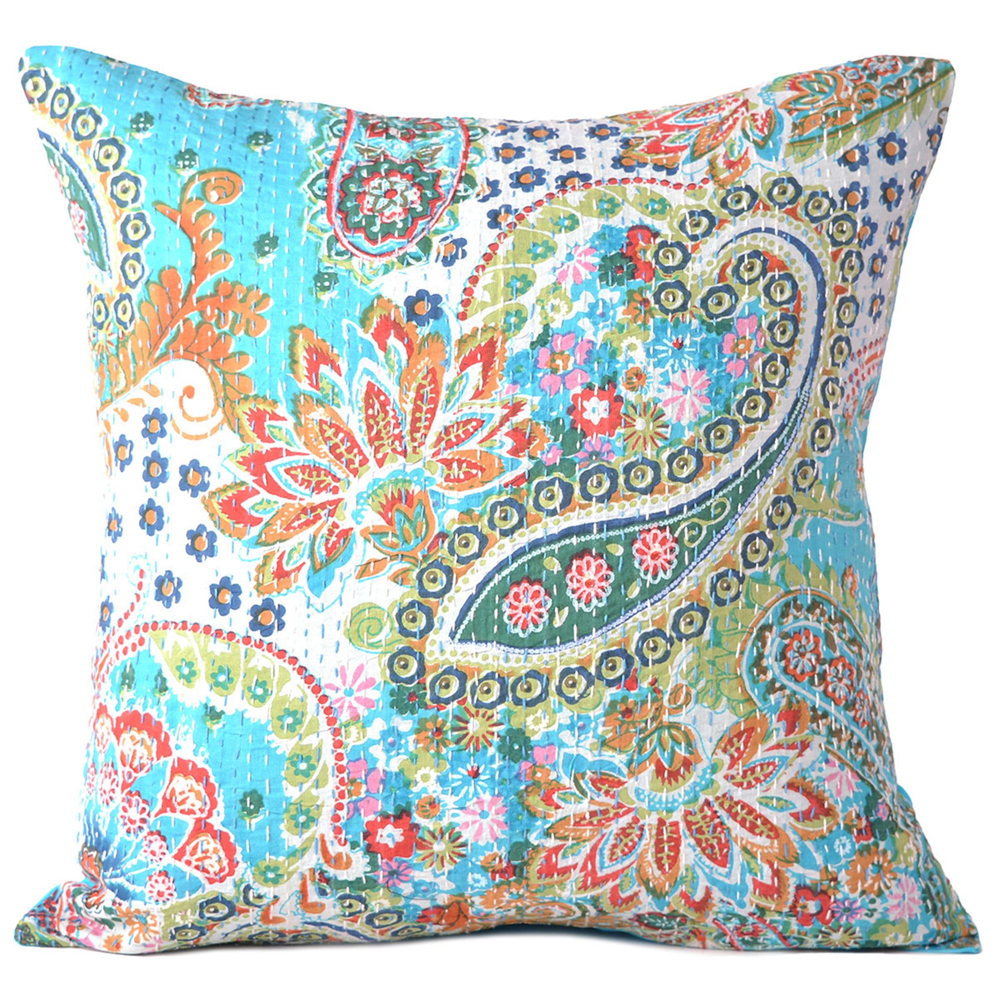 16" Yellow Paisley Pillow Cushion Cover Cotton Kantha Embroidered Throw INDIAN 