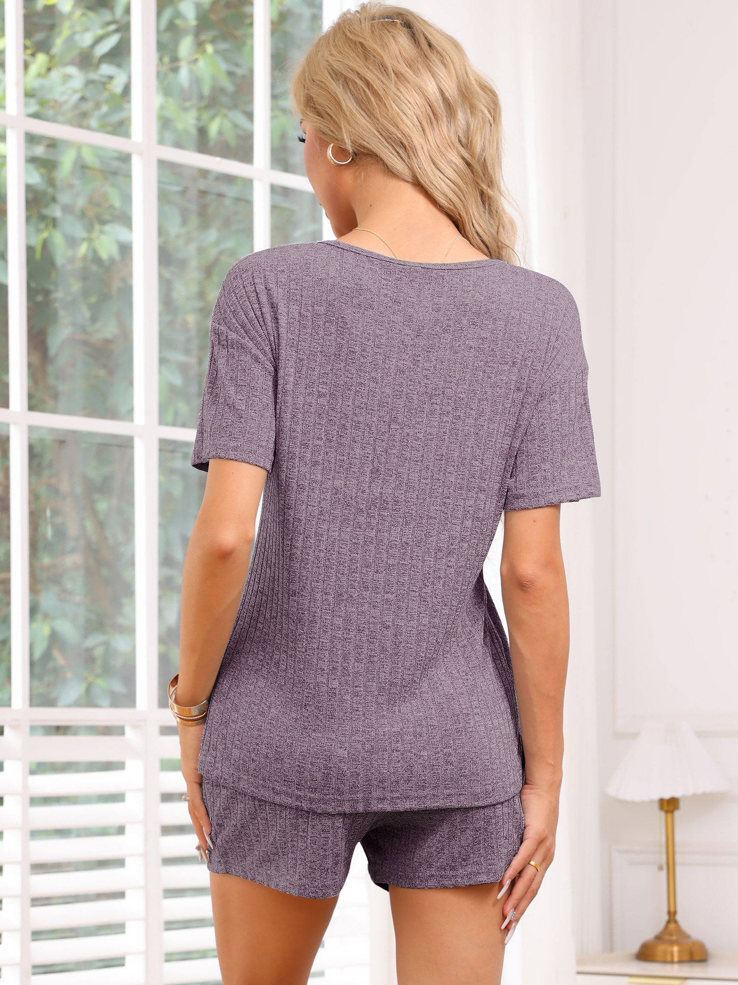 DARING DIVA Women's 2 Pcs Ribbed Knit Lounge Outfits Casual Pajama Sets Purple XS