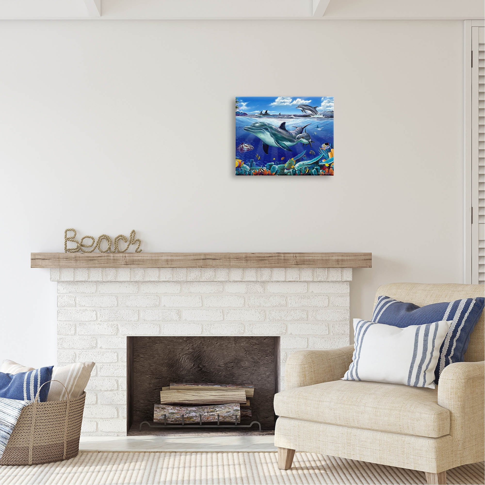 Stupell Industries Dolphins Swimming Bold Coral Reef Coastal Painting Gallery Wrapped Canvas Print Wall Art