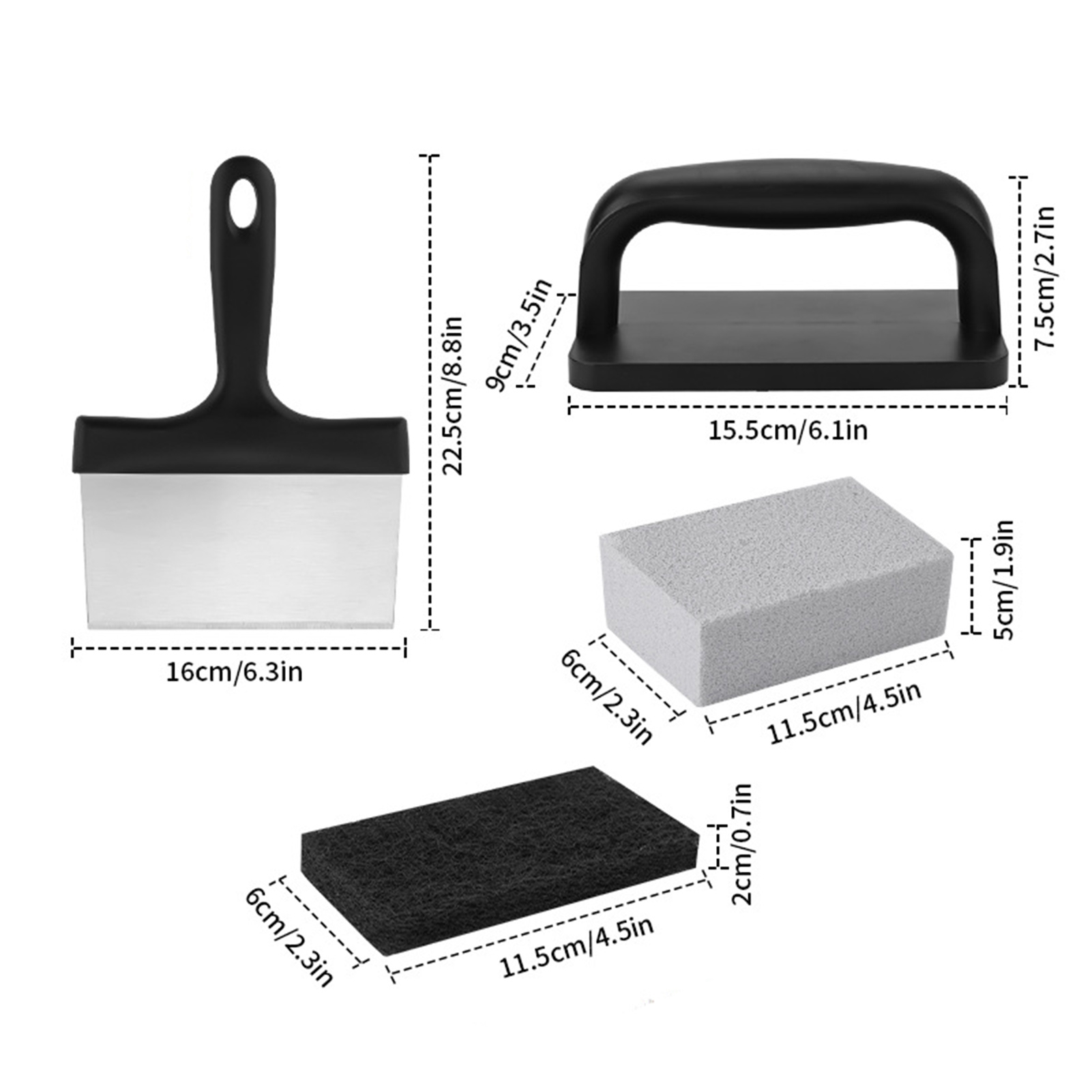Opvise 1 Set BBQ Griddle Cleaning Tool Kit with Handle Scraper Scouring Pad Pumice Stone Brush Multifunctional Barbecue Flat Top Grill Cleaner Kit Sets