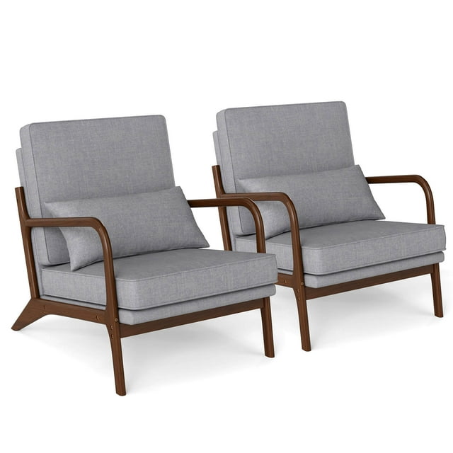 Costway 2 PCS Modern Accent Chair Upholstered Leisure Armchair with Rubber Wood Armrests